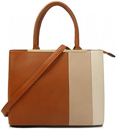 Three Tone Top Handle Bag with detachable shoulder strap (B051627 Brown)