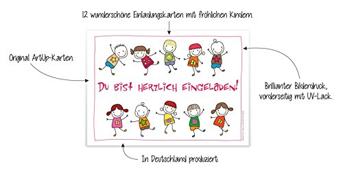 12 lustige Einladungskarten Kindergeburtstag schön illustriert fröhliche tanzende Kinder Strichmännchen Geburtstagseinladungen Einladungen Geburtstag Jungen Mädchen Einladungstext Vorlagen Karten Set - 3
