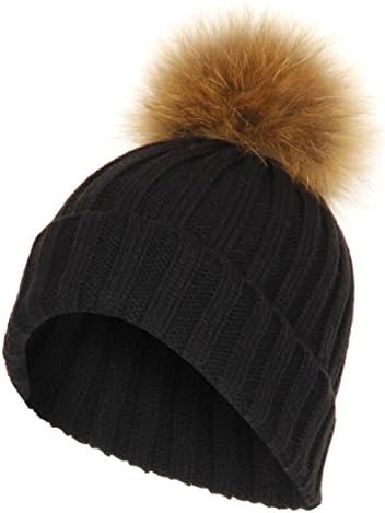 Unisex Ribbed Soft Cable Knit Bobble Hat with Detachable Faux Fur Pom Pom (Black)