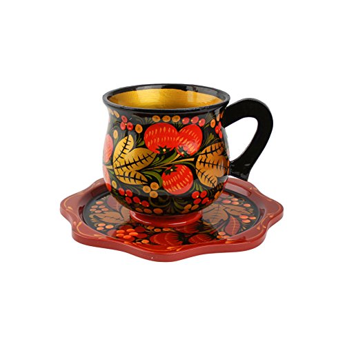 Khokhloma Tea Cup Conjunto Ruso para té Tradicional vajilla Vintage Retro clásico Hohloma Pintado a Mano Arte Popular soviética Hecha a Mano en Rusia Regalo de Madera Natural Lacado de Madera