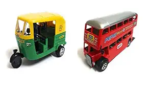 Varshas Green Auto & Double Decker Bus Toy Car - Small, Set Of 2