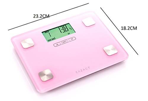 EXZACT Mini Körperanalysewaage/ Tragbare Elektronische Personenwaage/ Körperfettwaage/ Digitale Personenwaagen – Fett / Trink / Muskel / Knochen – 1.7 cm Dicke (Ultra Slim) – 12 Anwenderspeicher – 150 kg / 330 lb (Rosa) - 4