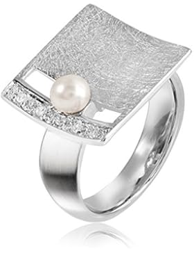 MATERIA Perlen Ring 925 Silber gebürstet BEATRICE - Zirkonia Ring eckig / quadratisch + Ringetui Gr. 51 54 57...