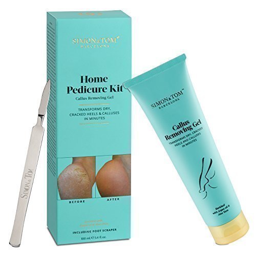 Simon & Tom Callus Removing Gel, Home Pedicure Kit - Removes Hard, Dry, Rough Skin on Heels and Soles of Feet. With Argan Oil, Aloe Vera, Tea Tree oil & Vitamin E to Moisturize the skin and help to Smooth Cracked Heels. Metal scraper included. 100ml