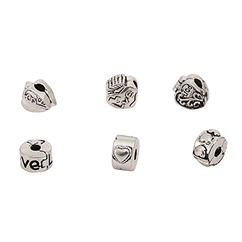 RKC Jewelz x 6 Pcs Oxidised Antique Heart Stopper Beads/Silver Plated Clip & Lock for/Fits Charm Bracelets Necklaces Jewellery Making/Compatible with Pandora Biagi Troll Chamilia Bracelets