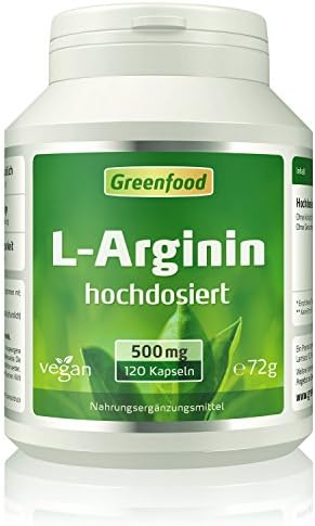 Greenfood - L-Arginine, 500 mg, 120 capsules, highly dosed, vegan - from natural fermentation. NO artificial additives. Non-GMO. Vegan.