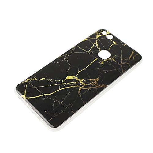 Huawei P10 Lite Hülle Silikon, Rosa Schleife Schutzhülle für>Huawei P10 Lite< Ultra Dünn Slim Case Flexible Soft Weich TPU Silicone Backcover Bumper Schale Handyhülle mit Bunte Marmor Muster , Schwarz Gold Marmor - 3