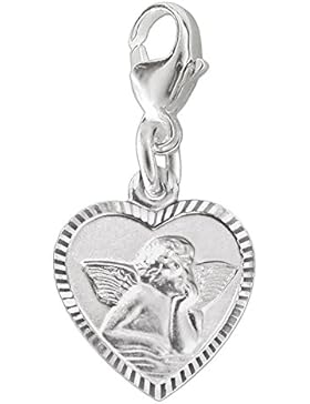 CLEVER SCHMUCK Silberner Charm Anhänger Herz 11 mm mit Engel matt Rand schmal diamantiert glänzend - Rückseite...