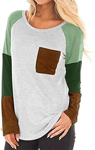 Womens Long Sleeve Tops,Womens Shirts and Blouse,Girl Pocket Patchwork Loose Crop Pullover Shirt Blouse T-Shirt For Ladies Moonuy Fashion Casual Spring Autumn Summer Elegant Jumper (L, Green)