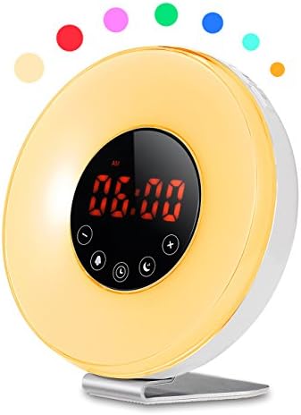 Wake-Up light Sunrise Alarm Clock, 10 Brightness Table Atmosphere lamp, Kids Moon Clock with 7 Colors & 6 Natural Sounds, FM Radio and Sunset Simulation