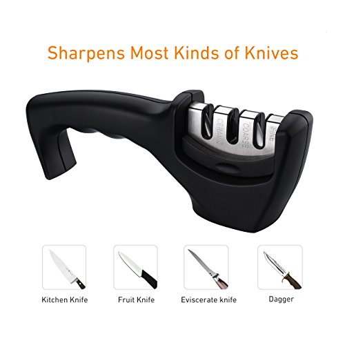 Messerschärfer, HoLife Messerschleifer Manueller Knife Sharpener Schleifstein mit 3 Stufen für Keramikmesser, Stahlmesser, Kochmesser usw(Schwarz) - 3