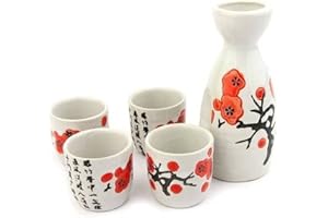 lachineuse - Service à Saké Fleurs de Cerisier - avec 4 Bols & Carafe - Verres à Saké Japonais - Cadeau Vaisselle Asiatique Chinois - Service Saké Traditionnel Porcelaine Floral Japon - Blanc & Rouge