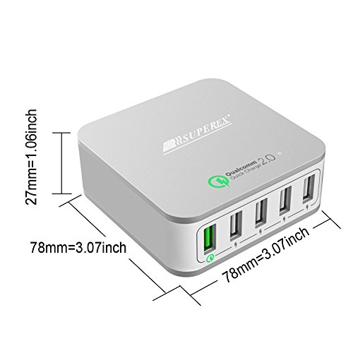 SUPEREX® Ladegerät schnellladegerät Lader Adapter Schnelle Ladefunktion slim USB Wall Charger 40W 5-Port für Samsung Galaxy S7 S6 / Sony Xperia Z5 Z4 Z3 / HTC / LG / Sharp Aquos[Qualcomm Quick Charge 2.0] – Silber - 5