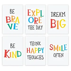 INKOLOGIE Rainbow Colours Nursery Kids Bedroom Wall Art Decor Poster Print, A4 Size 8.25 x 11.75-inch, Explore the Day, Think Happy Thoughts, Be Kind, Smile Often, 6-Pack, No Frame