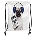 Produktbild Drawstring Backpacks Bags,Pug,Dog Listening Music on The Smartphone Groovy Cool Headphones Animal Funny Image Decorative,Navy Blue Black Soft Satin,5 Liter Capacity,Adjustable STRI