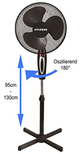 HYUNDAI HY-304 Standventilator | Ø 40cm | 45 Watt | 3 Geschwindigkeitsstufen | Ventilator mit 180° Rotation, leiser Betrieb | Stand Fan | Windmaschine | Höhenverstellbar 110-130cm (Schwarz)