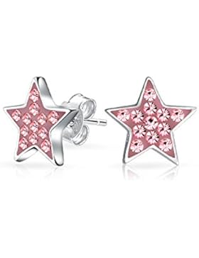 Patriotic Pink Crystal Girls Star Stud Earrings 925 Silver