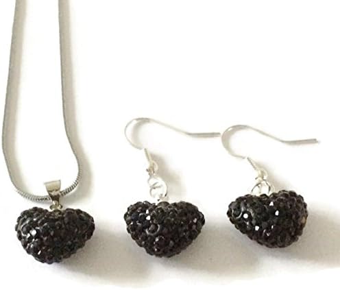 SHAMBALLA BLACK HEART NECKLACE &amp; DROP EARRINGS SET - FREE P &amp; P - 15mm HEART BEADS