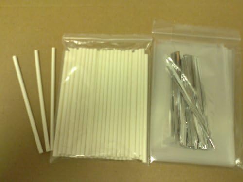 50 x 100mm (4") White Paper Cake Pop Lollipop Kit Includes Cello Bags & Twist Ties of Your Choice (Silver Twist Ties)