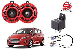 SHOP4U 125MM Super Tone Red Grill Car Horn Set of 2 for Ford Fiesta (Metal Chrome, Free Relay and Wire)