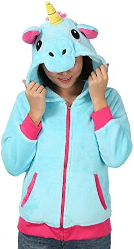 Luojida Women Hoodies Girls Zip Hoody Unicorn Anime Cosplay Hooded Sweater Jacket Coat Tops Thick Thermal (Small, Blue)
