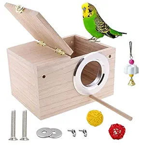 JSLZF Bird Nesting Box, Wood Budgie House with Perch, Parrot Mating Nest for Cockatiel, Finch, Lovebirds, Sparrow Small Bird