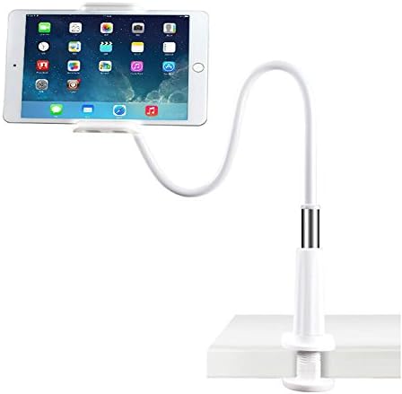 LONZOTH Tablet Holder Cell Phone Holder Gooseneck iPhone Holder iPad Air/Mini 2 3 4 Stand Cellphone Stand Bolt Clamp with Bracket for Apple or Android Devices 4-10.6 Inches, 360 Degree Rotating, 84cm Flexible Arm (Silver)