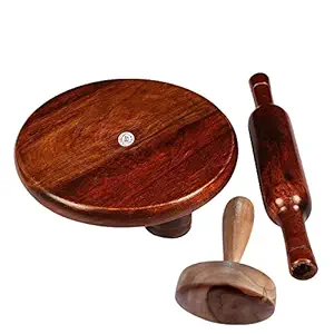Vencrafts Chakla Belan + Free Wooden Masher (Wooden Chakla 10 Inch, Belan 12 Inch, Free Masher) Roti Maker Chapati Maker Rolling Board and Rolling Pin