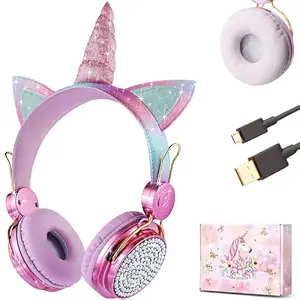 Crysendo Wireless Bluetooth Unicorn Headphones for Girls | On Ear Unicorn Earphones for Girls with Mic & 3.5mm Audio Port | Includes Extra Headphone Cushion (Wireless + Wired, Unicorn)