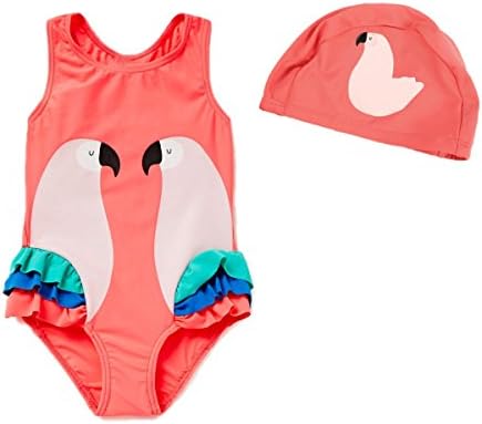 Injoy Clothes Girls' One Piece Swimwear Parrot Printed Bathing Suit Swimsuit Swimwear + Hat for Girls Watermelon Red, Size XL Fits 4-5 Years Old