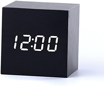 Sucun Cube Sound Control Wooden LED Digital Alarm Desk Clock Thermometer Calendar for Home Bedroom Office Use - USB/ AAA Battery Powered (Black Wood + White LED)