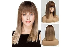 EMMOR Ombre Brown Bob Wigs With Bangs - Heat Resistant Synthetic Wigs