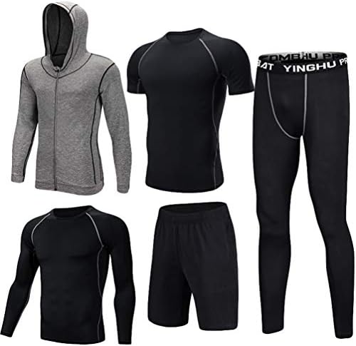 Lvguang Mens 5pcs Sports Gym Fitness Clothing Set Hoodies Jackets Long Sleeve Short Sleeve T Shirts Loose Fitting Shorts Compression Pants for Workout Training Running Tracksuits