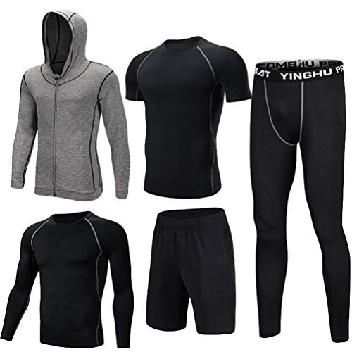 Lvguang Mens 5pcs Sports Gym Fitness Clothing Set Hoodies Jackets Long Sleeve Short Sleeve T Shirts Loose Fitting Shorts Compression Pants for Workout Training Running Tracksuits