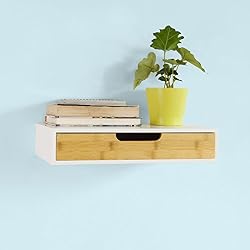 SoBuy FRG92-WN Étagère Murale avec tiroir en Bois et Bambou, Armoire à clés, Porte-clés Meuble d'entrée de Rangement L40xP24xH8cm