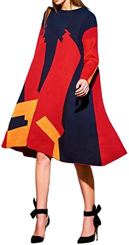 CLOCOLOR Women's Sweater Dress Asymmetrical Color Block Long Sleeve Dress Loose Casual Dress