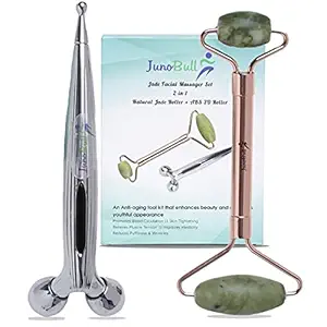 JunoBull Face Massager Set of Jade stone Roller (metal handle) & 3D Manual Roller (ABS material) -used as Beauty and Skin care tool for men & women