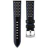 Geckota Uhrenarmband, Hergestellt aus Echtem Leder, Gepolstert, Schwarz mit Blauer Naht, Gebürstete Schließe, 22mm