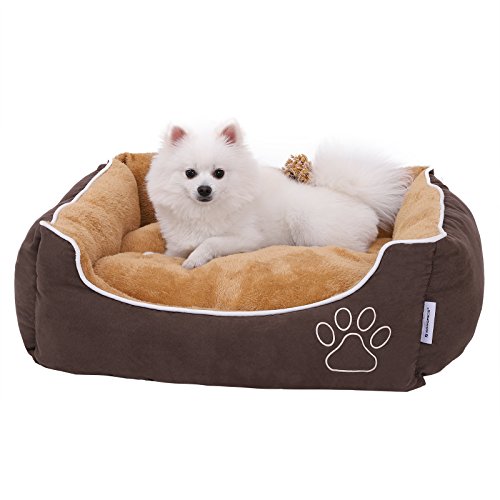 SONGMICS Cama para Perros, Sofá para Perros, Cesta para Perro con cojín extraíble, Marrón y Beige, 75 x 58 x 22 cm, PGW05YC