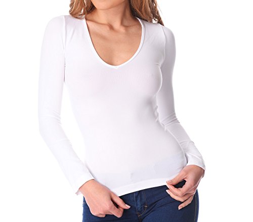 MEDIA WAVE store Maglia Termica VKA25 Interno Felpato Scollo a V da Donna Slim Fit (M/L, Bianco)