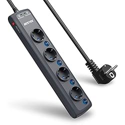 BESTEK Multiprise 4 Prises Parasurtenseur 2000 Joules Multiprise Parafoudre avec 4 Interrupteurs Indépendants et Cordon de 1.8m, 4000W/16A