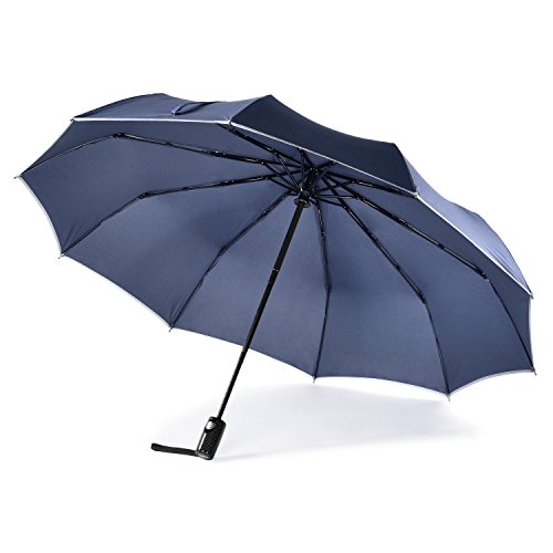 Geebright Paraguas Plegable Automatico, Mejorado 10 Costillas Reforzado 78 mph Paraguas Antiviento con Tira Reflectante, Paraguas Plegable Viaje para Hombre y Mujer en Lluvia y Sol (Azul Marino)
