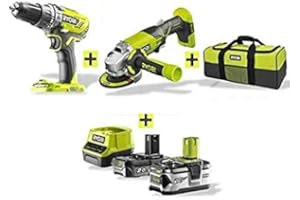 KIT SMERIGLIATRICE ANGOLARE 115 mm + TRAPANO AVVITATORE A PERCUSSIONE CON BATTERIE 18V LITHIUM PLUS "RYOBI "