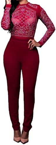AllForYou18 Women's Fashion Round Neck Mesh Long Sleeve Bodycon Long Pants Jumpsuit Sexy Diamante Evening Party Playsuit Clubwear (M, Wine Red)