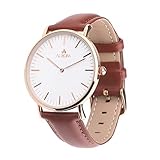 Aurora Metall Retro beiläufige Herren Runden Zifferblatt Analog Quarz Armbanduhr mit Braun Leder-Band-Rose Gold-