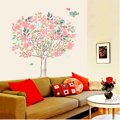 SMARTLEGEND Abnehmbare Wandsticker Wandtattoo Wandaufkleber Größe: 60cm*90cm Wohnzimmer Rosa Blumen Baum Vögel - 2