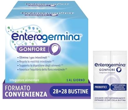 Enterogermina Gonfiore, Fermenti Lattici Probiotici, Prebiotici per Adulti - Integratori con Enzimi Digestivi ed Estratti Vegetali contro Pancia Gonfia e Gonfiore Addominale (56 Bustine Gusto Pesca)