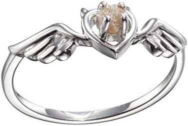 HandmadeAngel wing ring with raw diamond by Majade. Heart ring, rough diamond ring, angel wing jewelry. Handmade solid 9k white gold ring. Unique uncut diamond ring. Conflict free diamond heart promise ring.