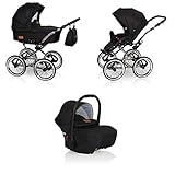 Klassisches design Der CLASSICO Das aparte Nostalgie-Design in Verbindung mit den Weißwand-Luftreifen auf den Chrom-Speichenfelgen sorgt für eine wunderschöne Optik. Jeder Kinderwagen-Aufsatz sowie auch die im Lieferumfang enthaltene geräumige Wickeltasche schmiegen sich in das klassische Design des Kinderwagens.