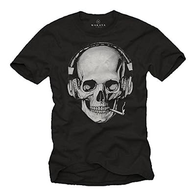 Makaya Tee Shirt Tete de Mort Homme - Swag Musique Rock Skull avec Casque Noir XXL